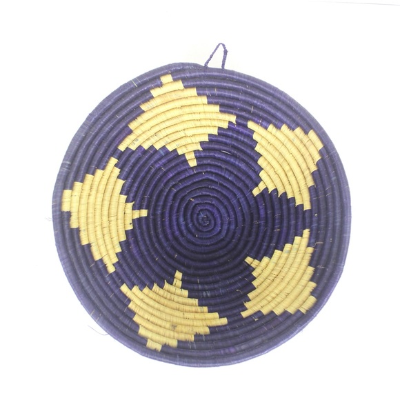 Vintage 10” African Coiled Straw Basket Purple Blue Beige Hand Woven Wall Basket - Picture 2 of 5